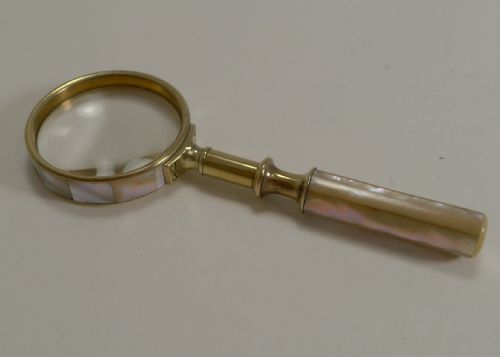 fig 1. Fine Quality Antique English Brass and Mother of Pearl Magnifying Glass c.1890