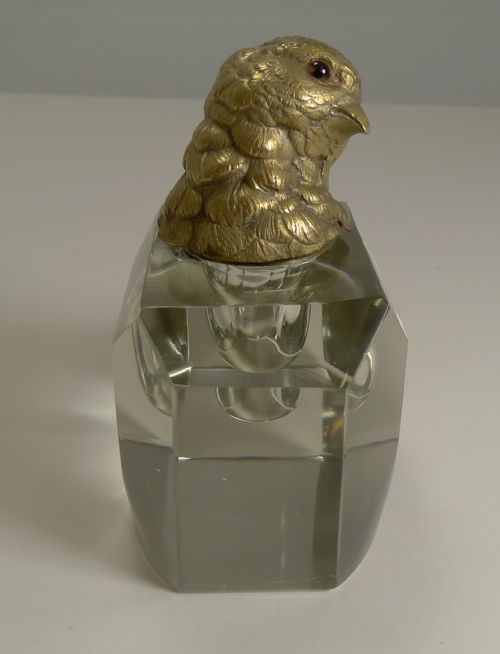 MAGNIFICENT ART DECO CUT CRYSTAL INKWELL FIGURAL CAST GILDED BRONZE CHICK WITH GLASS EYES - ADDITIONAL PHOTO 1