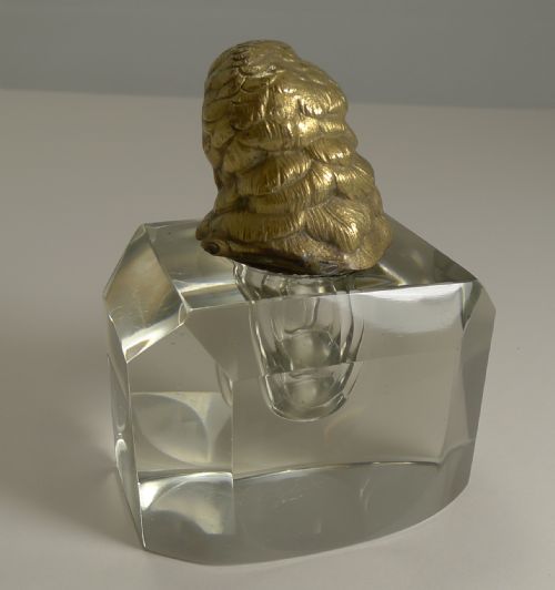 MAGNIFICENT ART DECO CUT CRYSTAL INKWELL FIGURAL CAST GILDED BRONZE CHICK WITH GLASS EYES - ADDITIONAL PHOTO 2