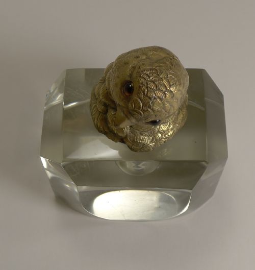 MAGNIFICENT ART DECO CUT CRYSTAL INKWELL FIGURAL CAST GILDED BRONZE CHICK WITH GLASS EYES - ADDITIONAL PHOTO 5