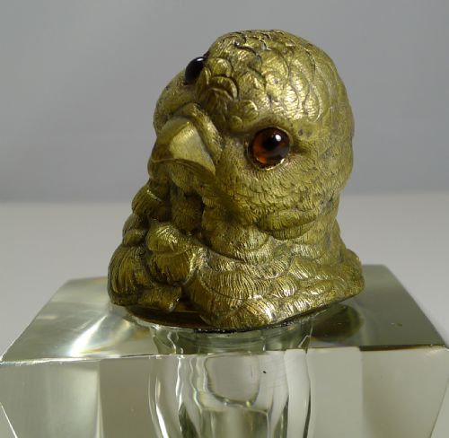 MAGNIFICENT ART DECO CUT CRYSTAL INKWELL FIGURAL CAST GILDED BRONZE CHICK WITH GLASS EYES - ADDITIONAL PHOTO 6