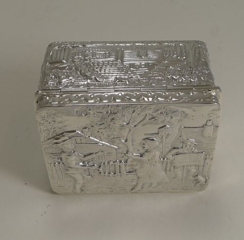 fig 1. Unusual Antique English Silver Box - Figural Scene - London 1891