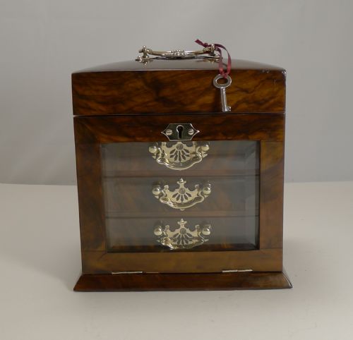 Antique English Walnut & Glass Jewelry Box C.1890