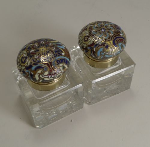 Pair Unusual Antique English Inkwells - Cloisonne - Enamel C.1870