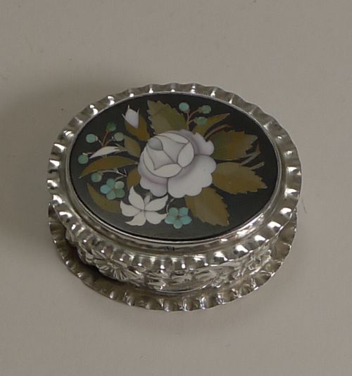 English Sterling Silver Pill Box Inlaid with Italian Pietra Dura - 1900