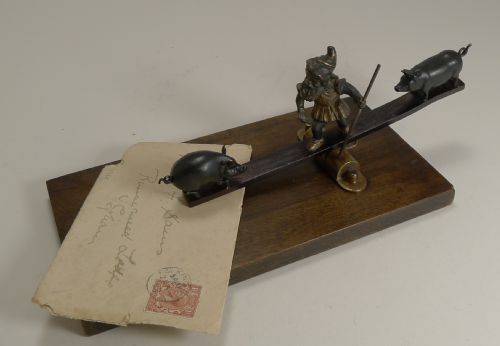 Charming Antique Cold Painted Bronze Letter Clip - Gnome and Pigs C.1890