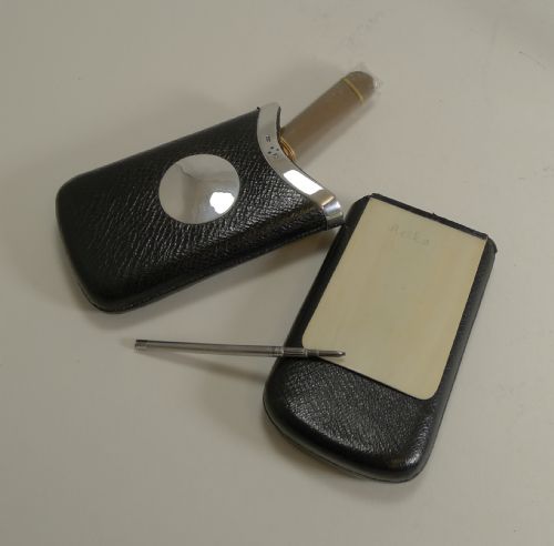 Unusual Antique English Leather and Silver Cigar Case / Aide Memoir - 1878