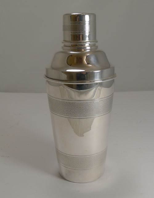 Vintage English Silver Plated Cocktail Shaker - Engine Turned Decoration C.1930
