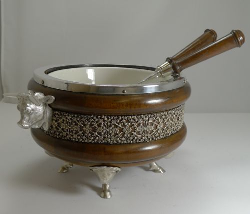 Rare Novelty English Figural Oak and Silver Plate Salad Bowl - Bull - 1888