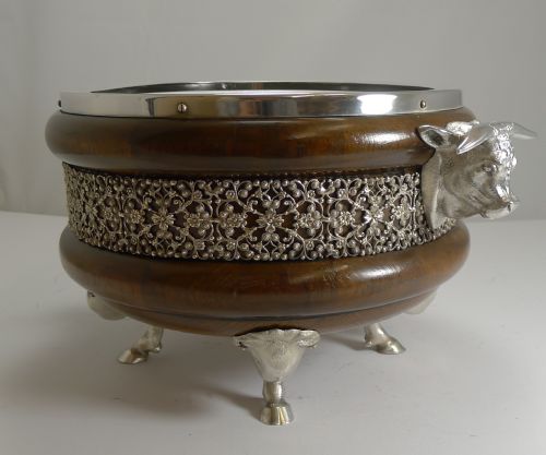 fig 2. Rare Novelty English Figural Oak and Silver Plate Salad Bowl - Bull - 1888