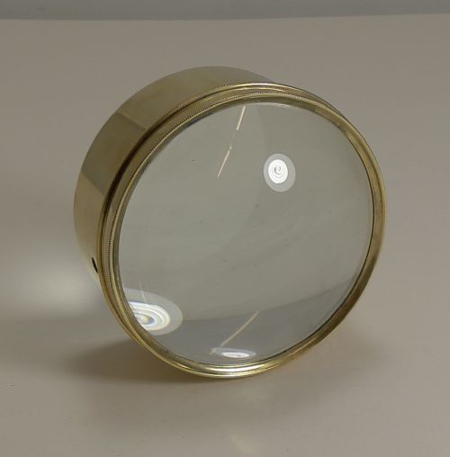 English Antique Brass Desk Magnifying Glass / Paperweight C.1910