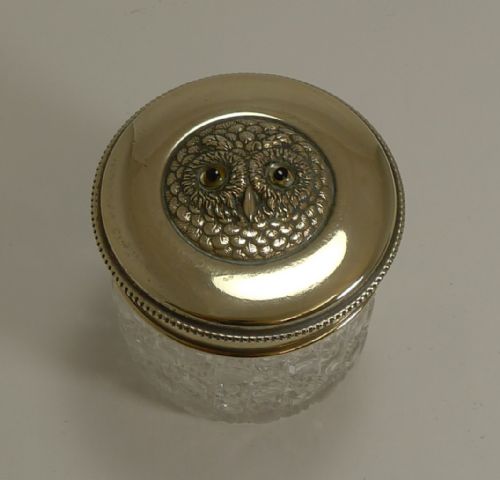 Antique Glass and Brass Jar - Owl with Glass Eyes