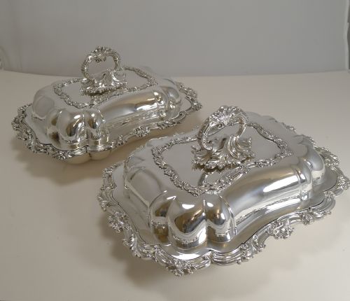 Fine Pair Antique English Entree Dishes in Silver Plate by Walker and Hall