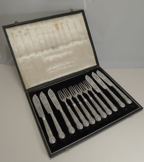 Set Six Antique English Sterling Silver Fish Knives and Forks - 1865