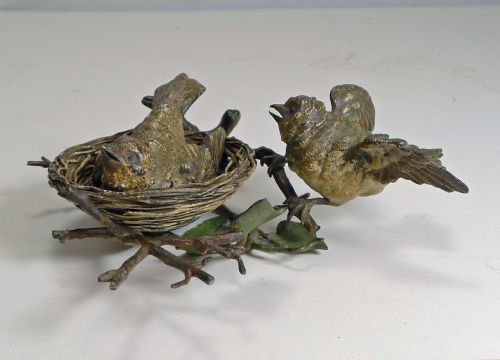 fig 1. Charming Antique Austrian Cold Painted Bronze - Birds and Birds Nest c.1900