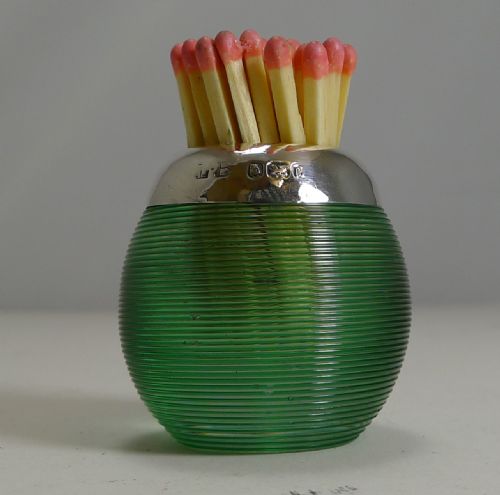 Rare Small Green Coloured Threaded Glass Match Striker - Sterling Silver Mount - 1901