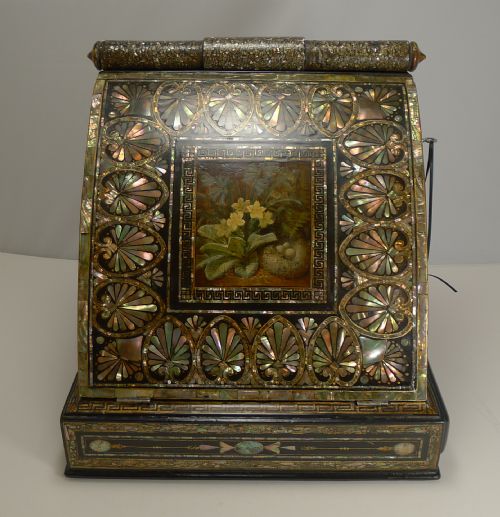 Fabulous Antique English Mother of Pearl Inlaid Papier Mache Writing Box C.1880