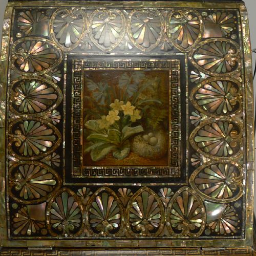 fig 1. Fabulous Antique English Mother of Pearl Inlaid Papier Mache Writing box c.1880