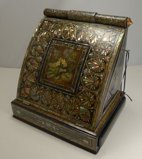 fig 3. Fabulous Antique English Mother of Pearl Inlaid Papier Mache Writing box c.1880