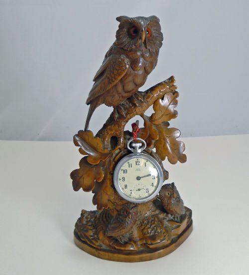 Magnificent Figural Black Forest Pocket Watch Stand - Owl Family C.1900