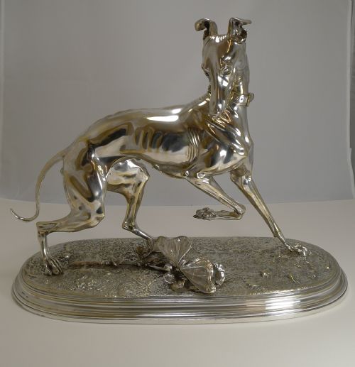 After Arthur Waagen (1833-1898) Silver on Bronze Sculpture of a Whippet Greyhound Dog