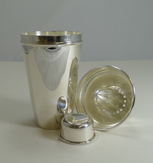 English Art Deco Silver Plate Cocktail Shaker with Lemon Squeezer C.1930