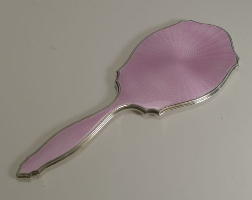 Stunning English Sterling Silver and Pink Guilloche Enamel Hand Mirror