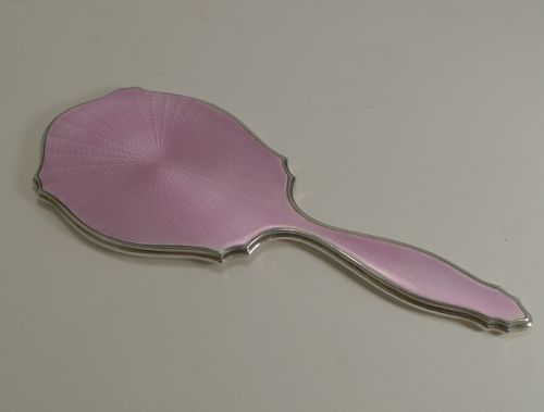 fig 1. Stunning English Sterling Silver and Pink Guilloche Enamel Hand Mirror
