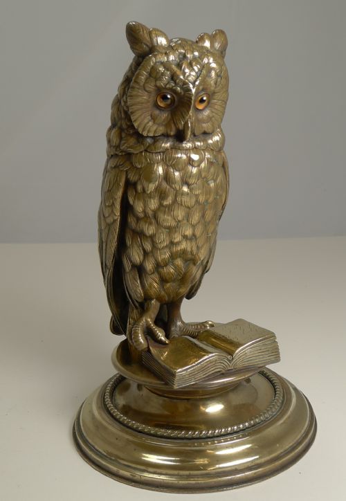 Finest Large Antique Austrian Brass Novelty Inkwell - Reading Owl C.1890