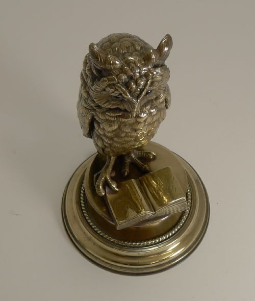 fig 1. Finest Large Antique Austrian Brass Novelty Inkwell - Reading Owl c.1890