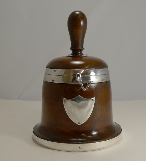 Rare Antique English Bell Shaped Oak and Silver Plate Biscuit Box C.1890