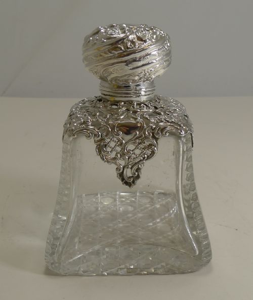 Large Antique English Cut Crystal and Sterling Silver Perfume Bottle - 1898