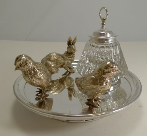 Magnificent Antique English Inkwell / Rabbit and Chicks C.1890
