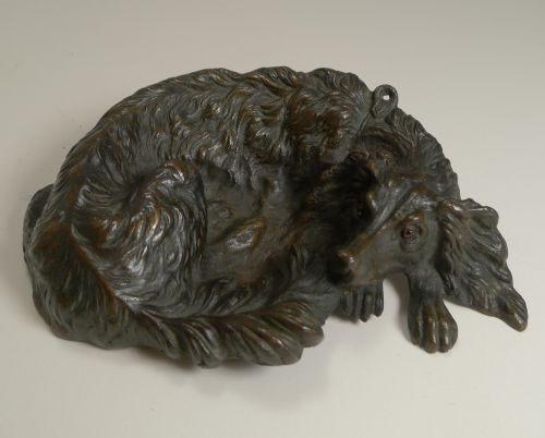Charming Antique Bronze Vide Poche / Dish - Dog with Glass Eyes