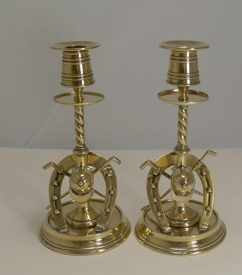 Handsome Pair Antique Novelty Equestrian Candlesticks C.1890