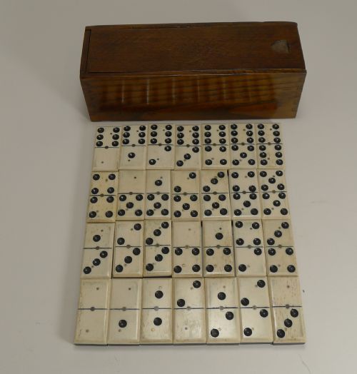 Antique English Boxed Set Bone & Ebony Wood Dominoes C.1900