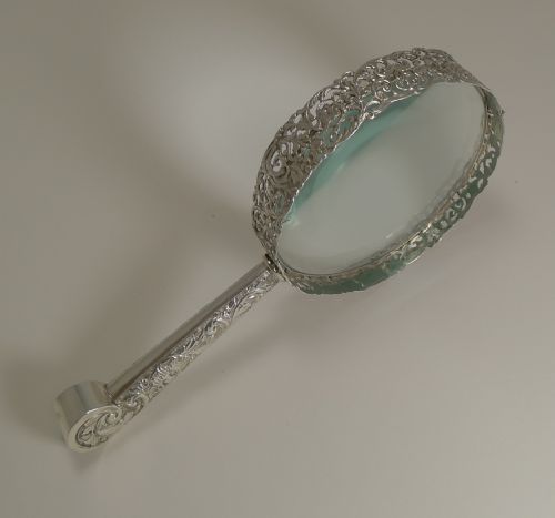 fig 1. Huge Antique English Sterling Silver Magnifying Glass by Samuel Jacob - 1897
