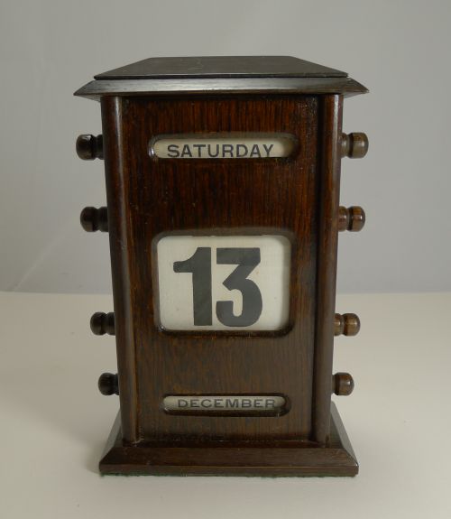 Antique English Oak Perpetual Desk Calendar C.1900 - Signed by Retailer