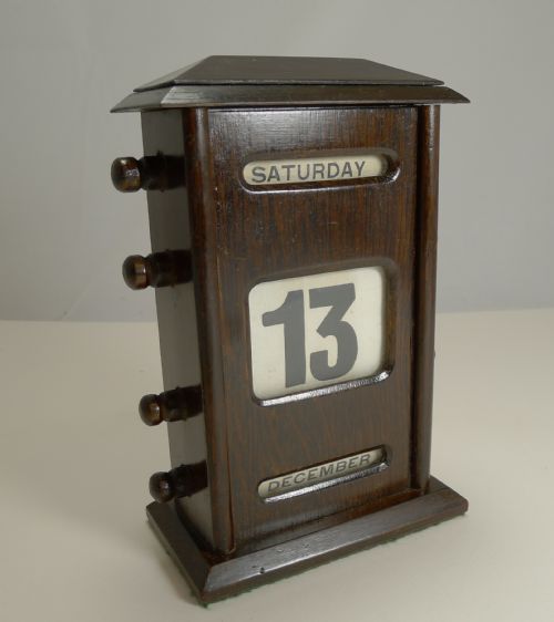 fig 1. Antique English Oak Perpetual Desk Calendar c.1900 - Signed by Retailer