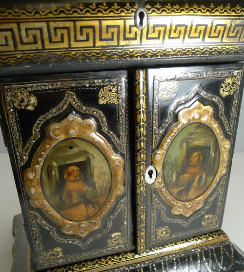 MAGNIFICENT ENGLISH PAPIER MACHE JEWELLERY CABINET BOX C1860 DOGS - ADDITIONAL PHOTO 1