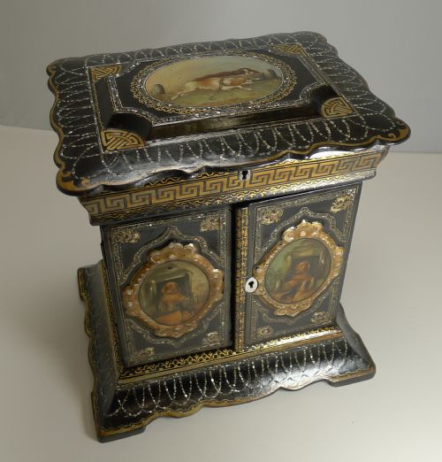 MAGNIFICENT ENGLISH PAPIER MACHE JEWELLERY CABINET BOX C1860 DOGS - ADDITIONAL PHOTO 2