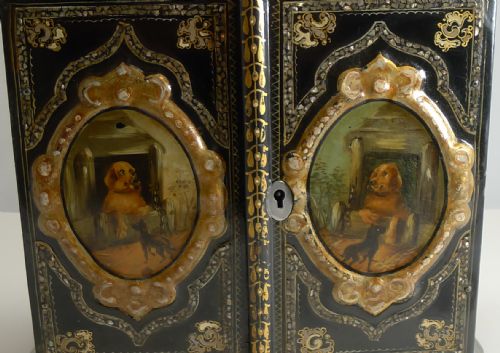 MAGNIFICENT ENGLISH PAPIER MACHE JEWELLERY CABINET BOX C1860 DOGS - ADDITIONAL PHOTO 3