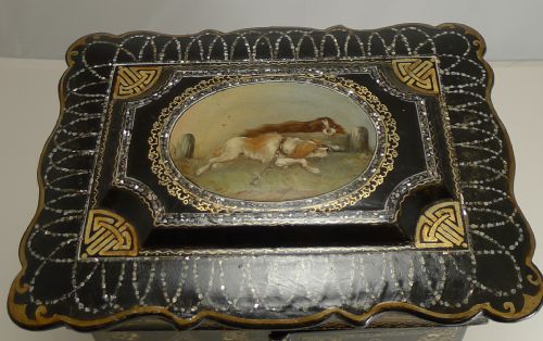 MAGNIFICENT ENGLISH PAPIER MACHE JEWELLERY CABINET BOX C1860 DOGS - ADDITIONAL PHOTO 4