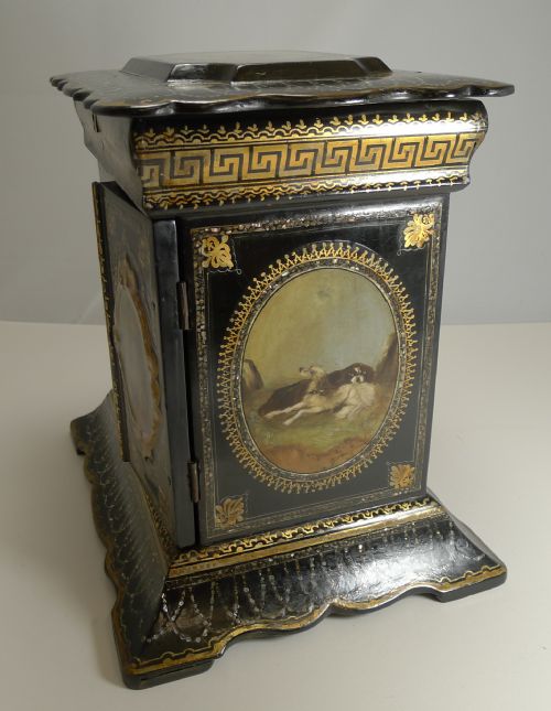 MAGNIFICENT ENGLISH PAPIER MACHE JEWELLERY CABINET BOX C1860 DOGS - ADDITIONAL PHOTO 5