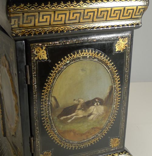 MAGNIFICENT ENGLISH PAPIER MACHE JEWELLERY CABINET BOX C1860 DOGS - ADDITIONAL PHOTO 6