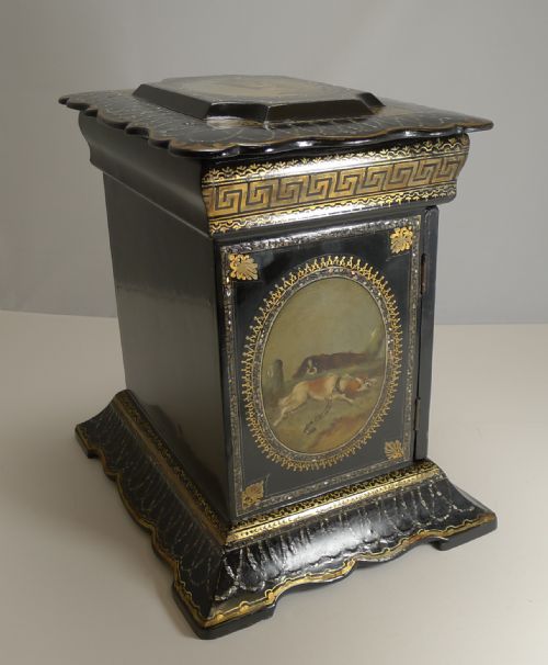 MAGNIFICENT ENGLISH PAPIER MACHE JEWELLERY CABINET BOX C1860 DOGS - ADDITIONAL PHOTO 8