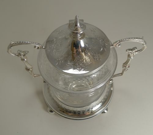 fig 1. Fine Quality Antique English Engraved Biscuit Box - Floral Garlands c.1890
