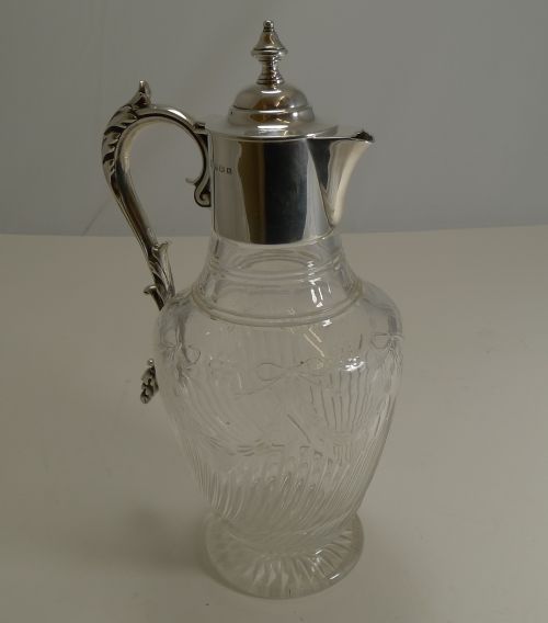 Antique English Cut Crystal and Sterling Silver Claret Jug by Elkington & Co.