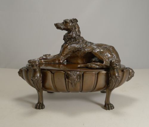 Magnificent English Regency Cast Bronze Desk Inkwell / Compendium - Lurcher C.1820