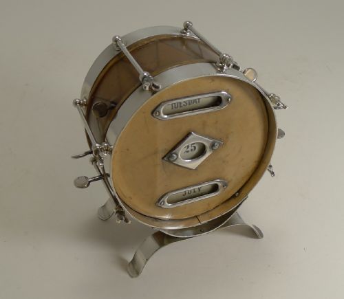 Rare Novelty Leather and Nickel Plate Drum Perpetual Calendar C.1910